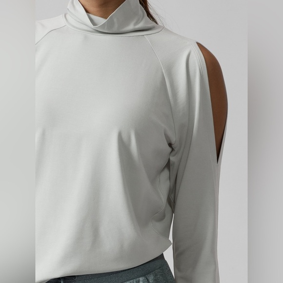 Athleta long sleeve soft cold shoulder solid turtleneck top on grey. Size M - Picture 2 of 8